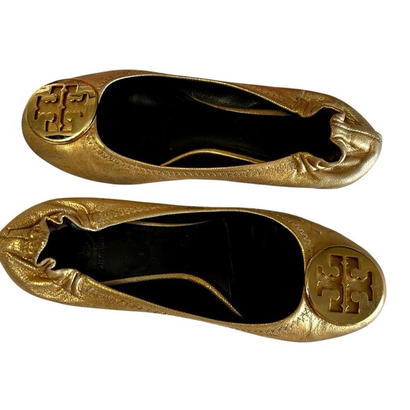 Tory Burch Distressed Leather Reva Gold Ballet Flat Slip On Shoes Womens Sz 6.5 - Picture 9 of 16